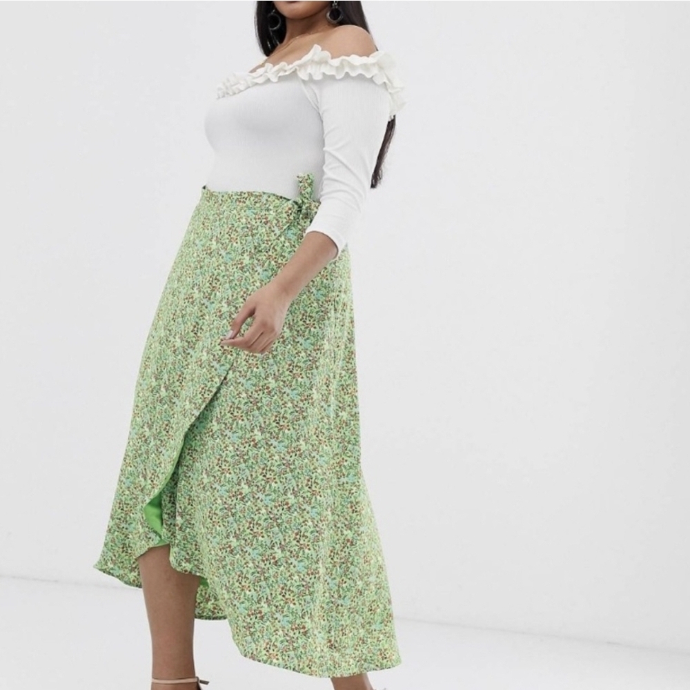 ASOS Green Wrap Midi Skirt Asymmetrical High-Low